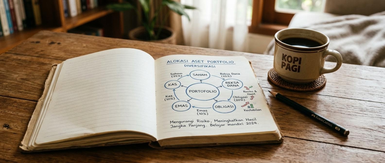 Catatan alokasi aset dengan diagram sederhana di atas meja belajar